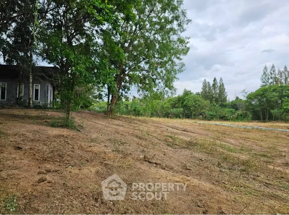Spacious land plot with lush greenery and partial building view, ideal for development.