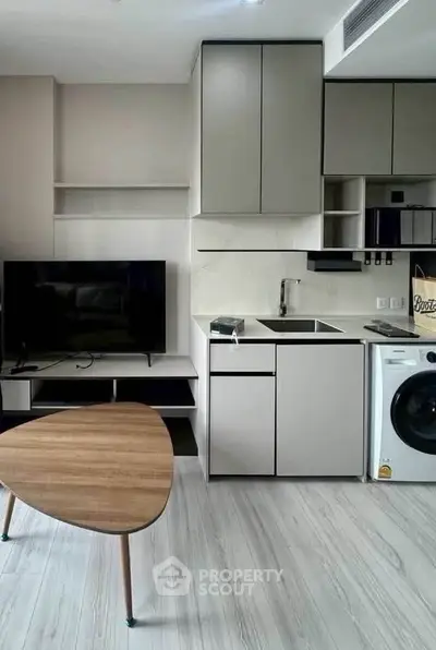 Modern kitchen with sleek cabinets, TV, and washing machine in stylish apartment.