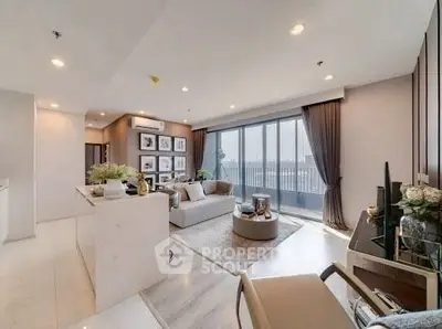 Luxurious living room with modern decor and stunning city view from large windows.