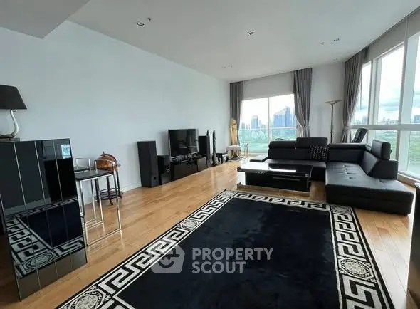 Spacious modern living room with city view and elegant decor