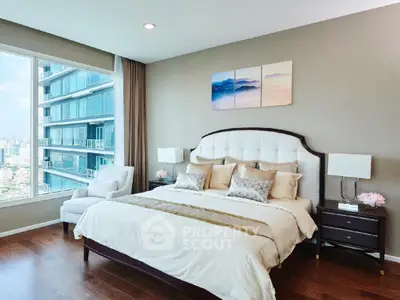 Luxurious bedroom with city view in modern high-rise apartment