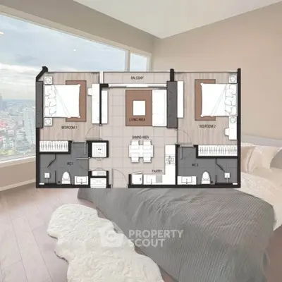 Modern bedroom with city view and overlay of apartment floor plan, showcasing spacious layout and stylish design.