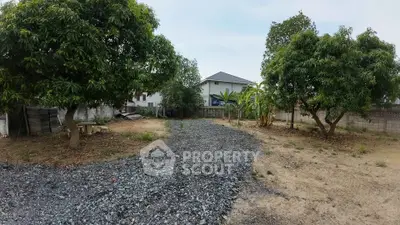 Spacious land plot with gravel path and lush trees, ideal for building a dream home.