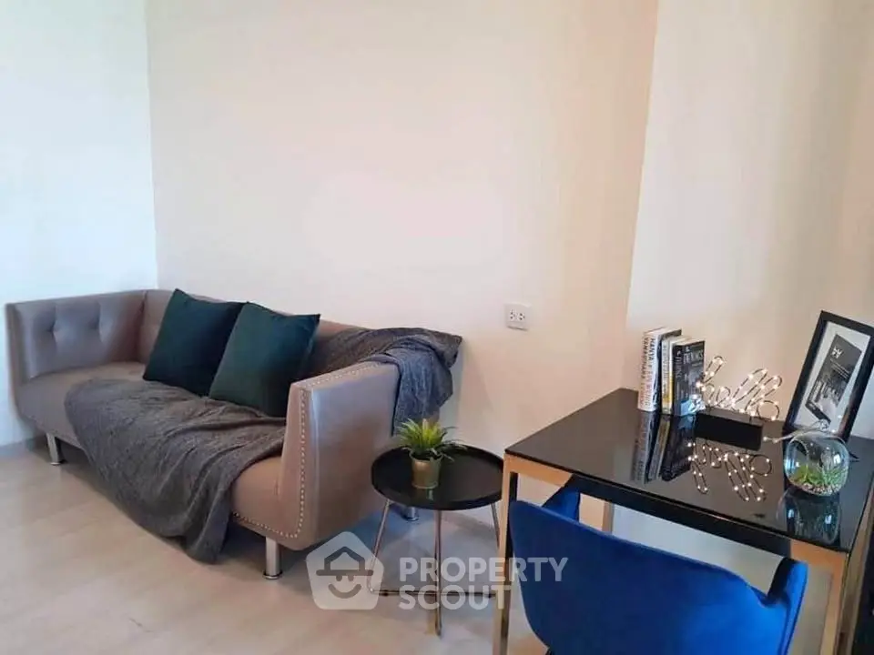 Cozy living room with modern sofa and stylish desk setup