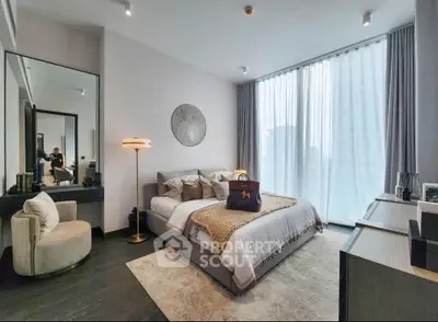 Luxurious bedroom with modern decor and large window offering city views.