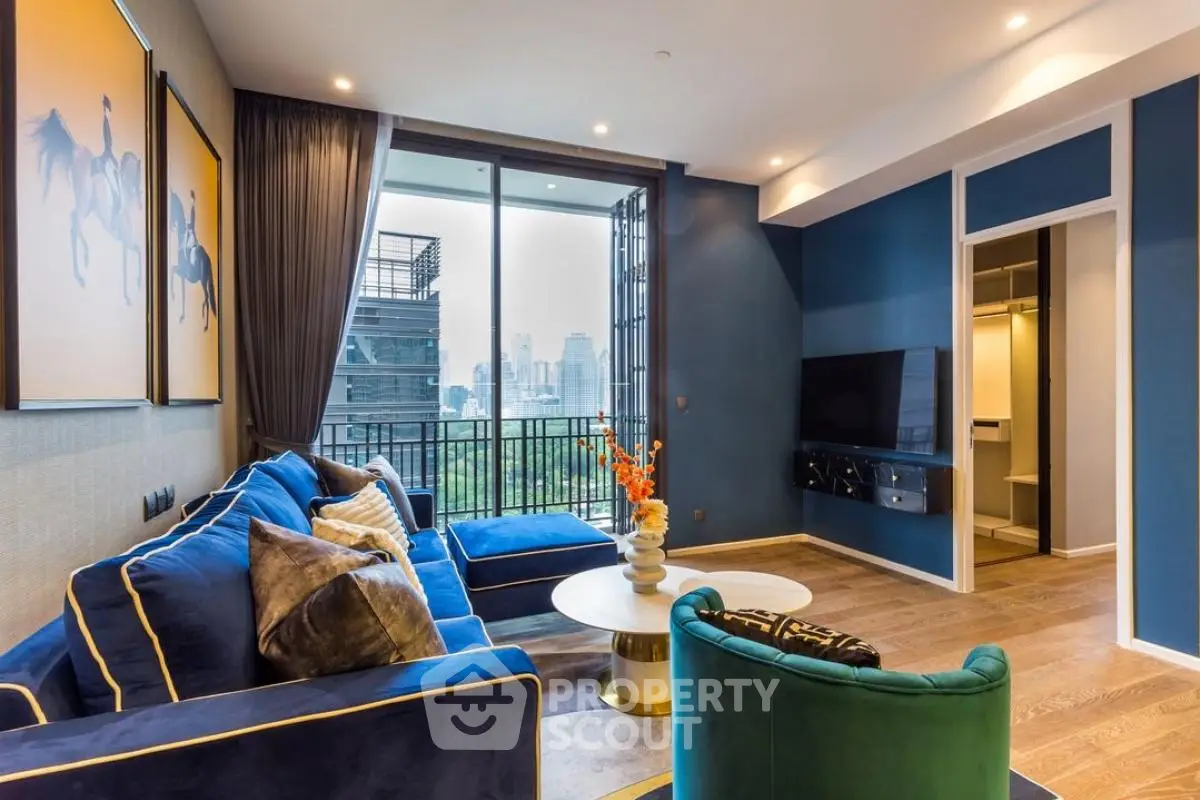 Luxurious living room with modern decor and city view balcony