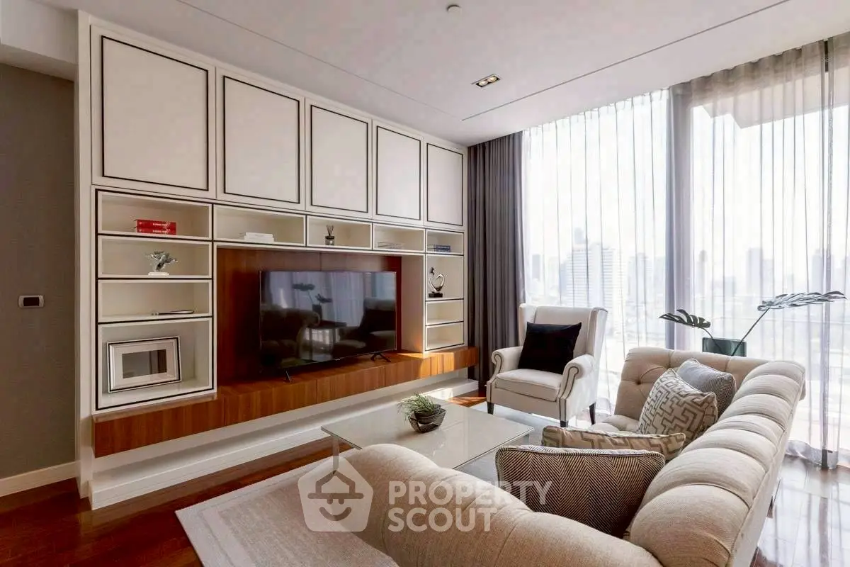 Luxurious modern living room with city view, elegant furniture, and natural light.