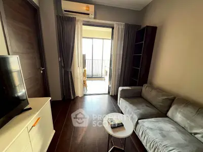 Modern living room with cozy sofa and balcony view in stylish apartment