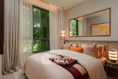 Cozy bedroom with large window and lush garden view, featuring elegant decor and warm lighting.