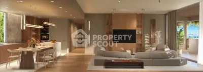 Luxurious open-plan living room with modern kitchen and stunning outdoor view, featuring elegant furniture and decor.