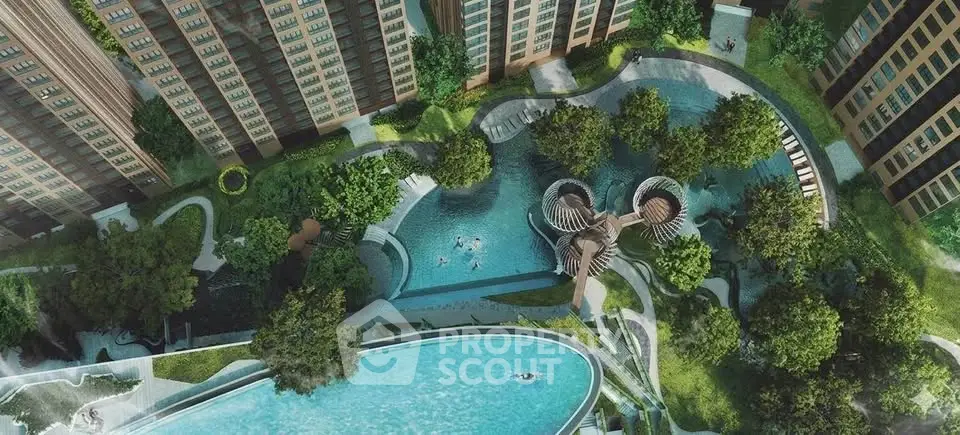 Stunning aerial view of modern residential complex with lush gardens and luxurious swimming pool.