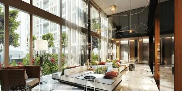 Luxurious modern living room with floor-to-ceiling windows and elegant decor in a high-rise building.