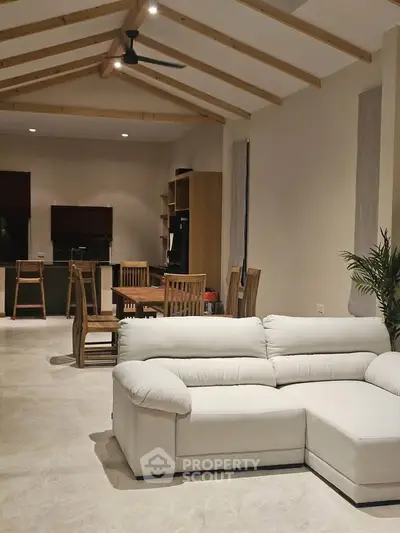 Spacious open-plan living room with modern kitchen and vaulted ceiling