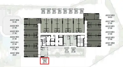 Detailed floor plan of modern apartment complex with unit sizes