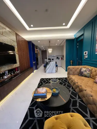 Luxurious modern living room with elegant decor and open kitchen layout