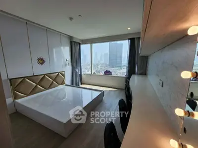 Modern bedroom with city view and stylish decor