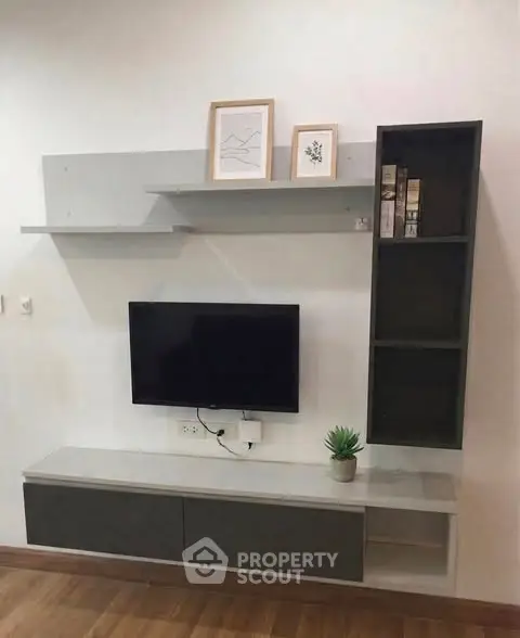 Modern living room with sleek TV unit and stylish shelving