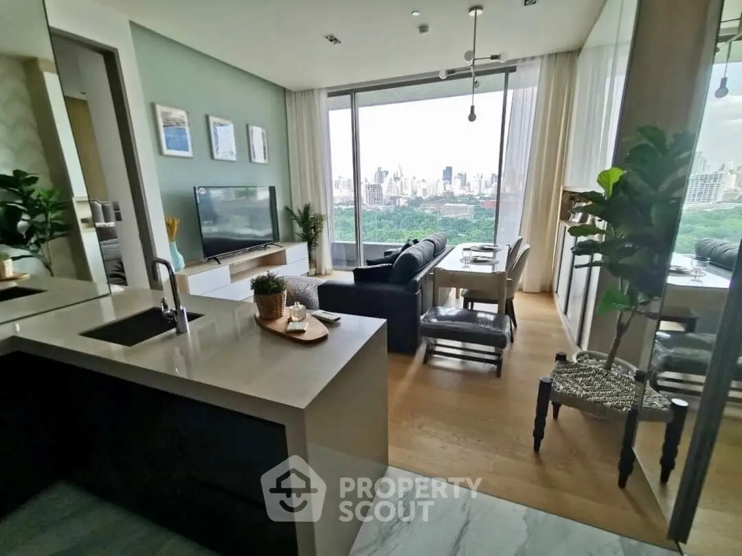 Modern open-layout living room with stunning city view and elegant decor