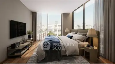 Luxurious bedroom with city view, featuring modern decor and large windows for natural light.