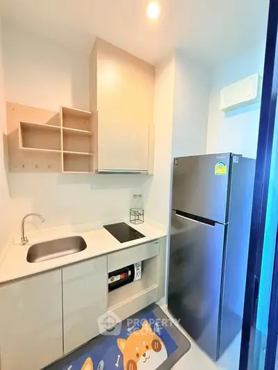 Modern compact kitchen with sleek appliances and stylish cabinetry.