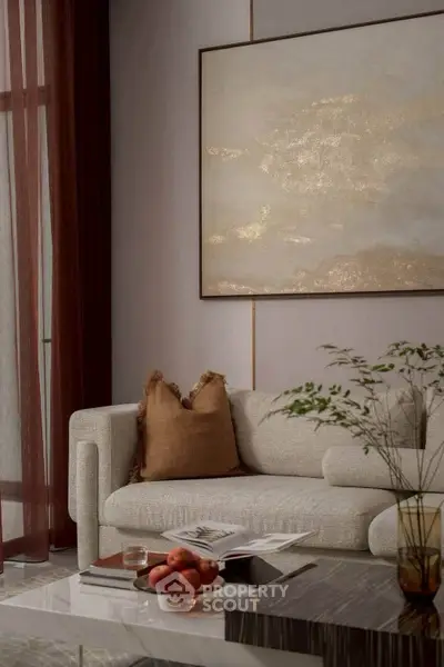 Elegant living room with modern sofa, stylish decor, and large abstract painting, perfect for sophisticated urban living.
