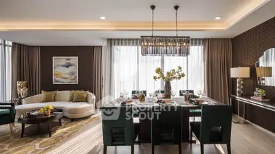 Luxurious modern living room with elegant dining area, stylish decor, and ample natural light.