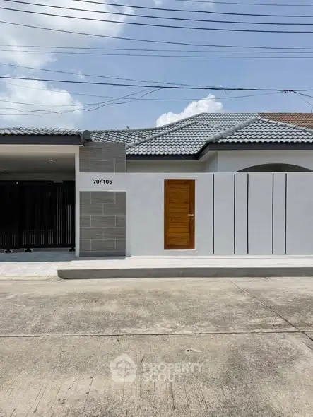 Modern single-story house with sleek design and wooden door under a clear blue sky.