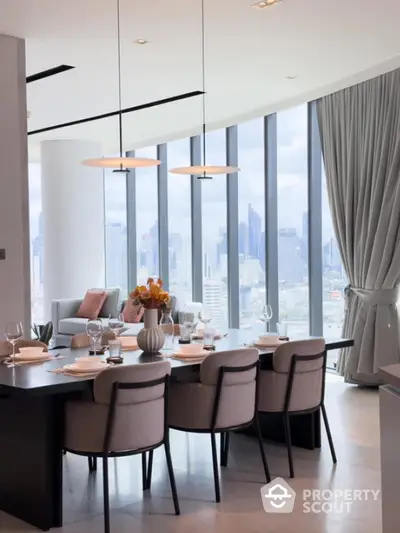 Luxurious dining area with panoramic city views and elegant decor