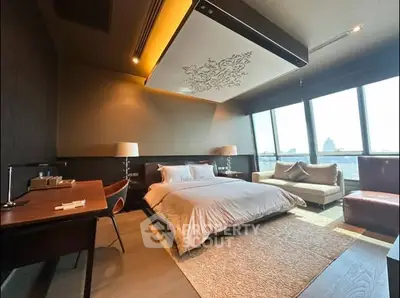 Luxurious bedroom with modern decor and stunning city view