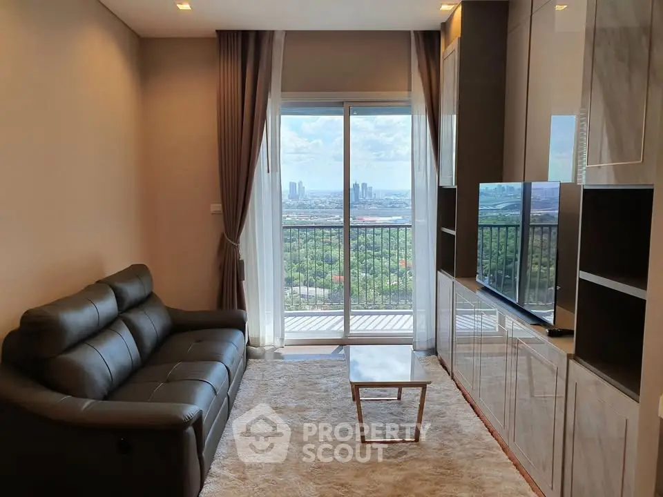Modern living room with stunning city view and sleek furniture