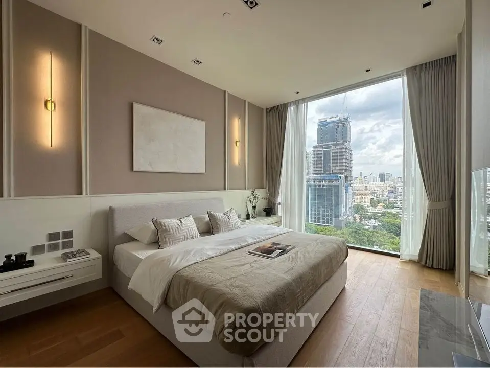 Luxurious bedroom with stunning city view and modern decor