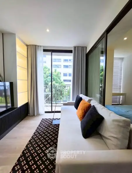 Modern living room with balcony view in stylish apartment