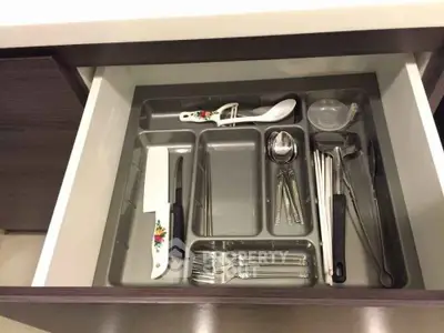 Modern kitchen drawer with organized cutlery and utensils in sleek storage tray.