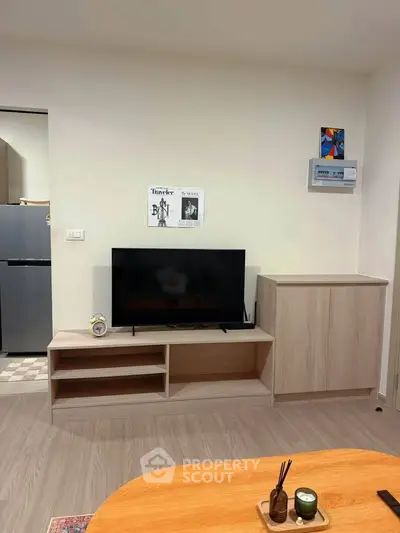 Modern living room with sleek TV stand and minimalist decor