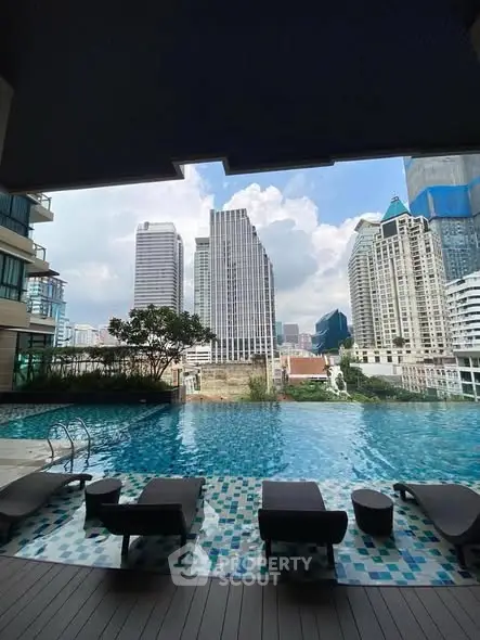 Luxurious rooftop pool with stunning city skyline view in modern high-rise building.