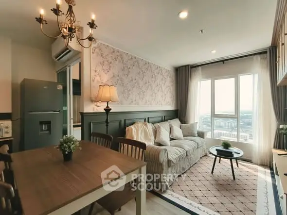Charming living room with elegant decor and city view, featuring cozy seating and dining area.