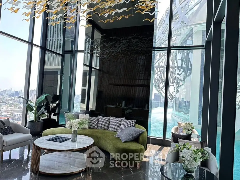 Luxurious living room with panoramic city views and elegant decor