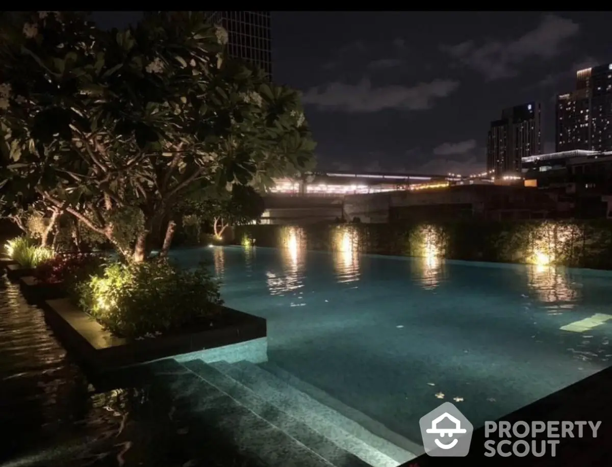 Luxurious rooftop pool with stunning night city view and ambient lighting