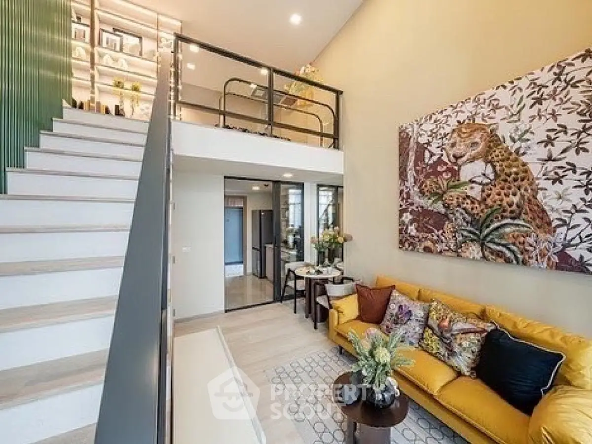 Modern duplex living room with vibrant decor and mezzanine level