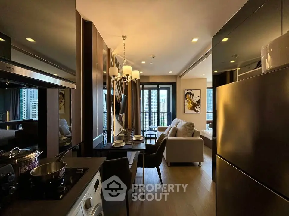 Modern open-layout kitchen and living room with city view balcony in luxury apartment