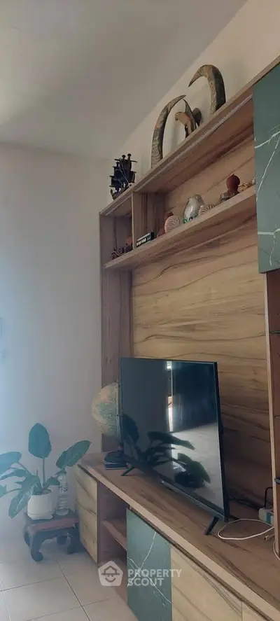 Stylish living room with modern TV unit and decorative shelves
