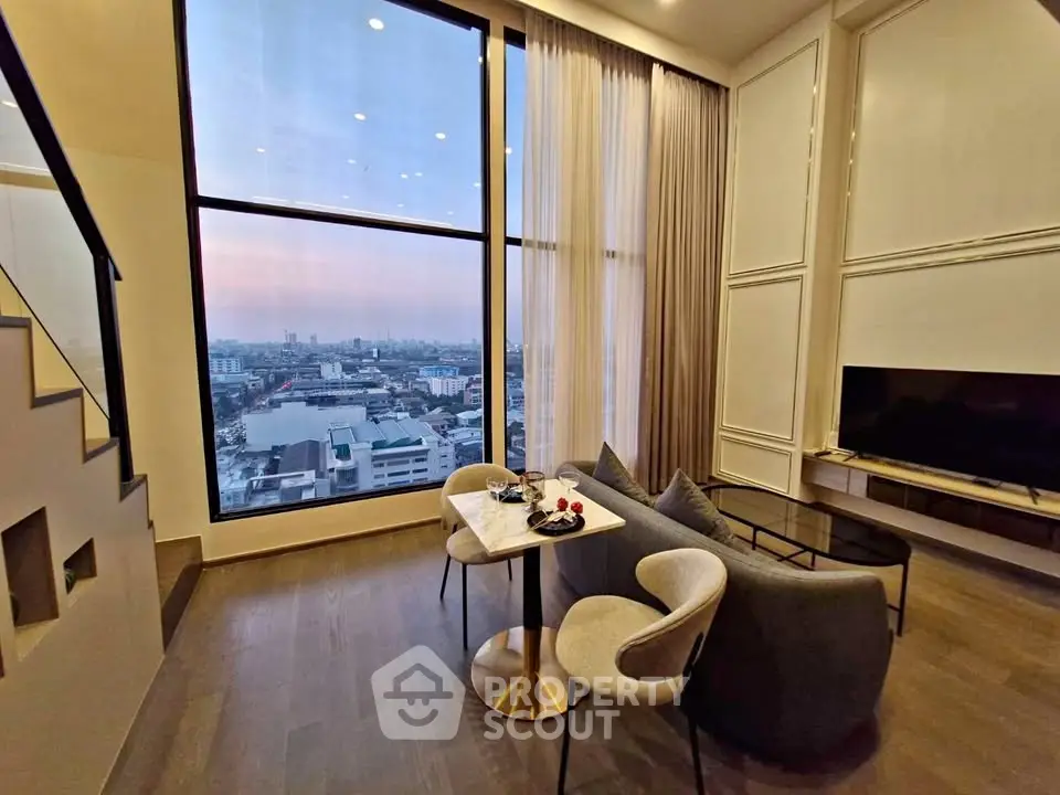 Luxurious living room with stunning city view and modern decor