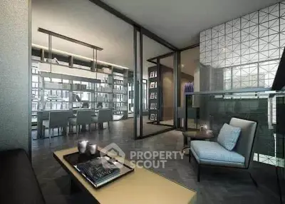 Modern living room with sleek design and glass partitions in luxury apartment
