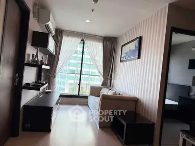 Modern living room with stylish decor and large window view