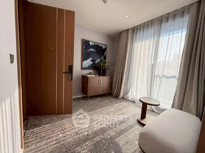 Stylish modern living room with large window and elegant decor