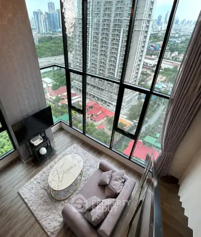 Luxurious high-rise living room with stunning city view and elegant decor