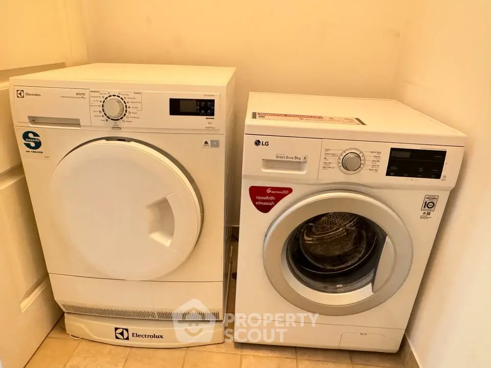 Modern laundry room with Electrolux dryer and LG washing machine in a cozy space.