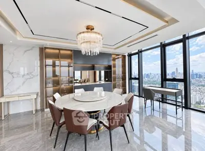Luxurious dining area with panoramic city views and elegant chandelier in modern high-rise apartment.