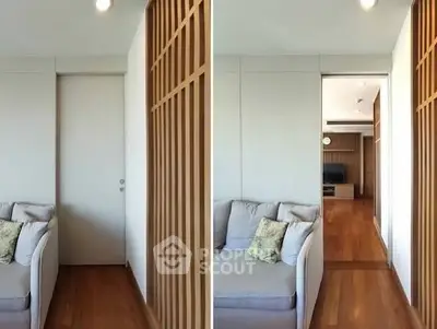 Modern living room with wooden accents and cozy sofa