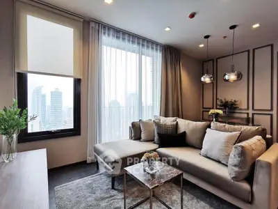 Luxurious modern living room with city view, elegant decor, and cozy seating area.